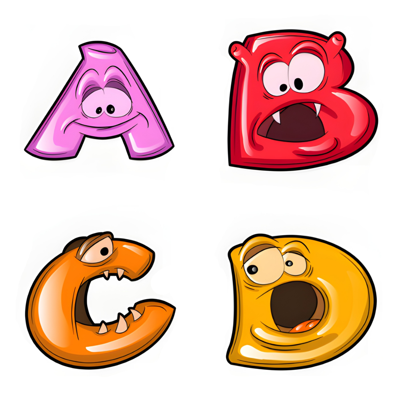 Glossy comic-style letters shaped into goofy cartoon monsters with funny faces, sharp teeth, and big eyes.