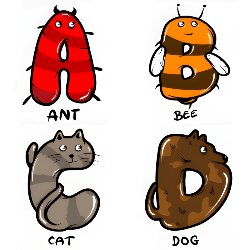 The alphabet letters A, B, C, and D creatively styled as a red ant, a striped bumblebee, a grey cat, and a brown dog.