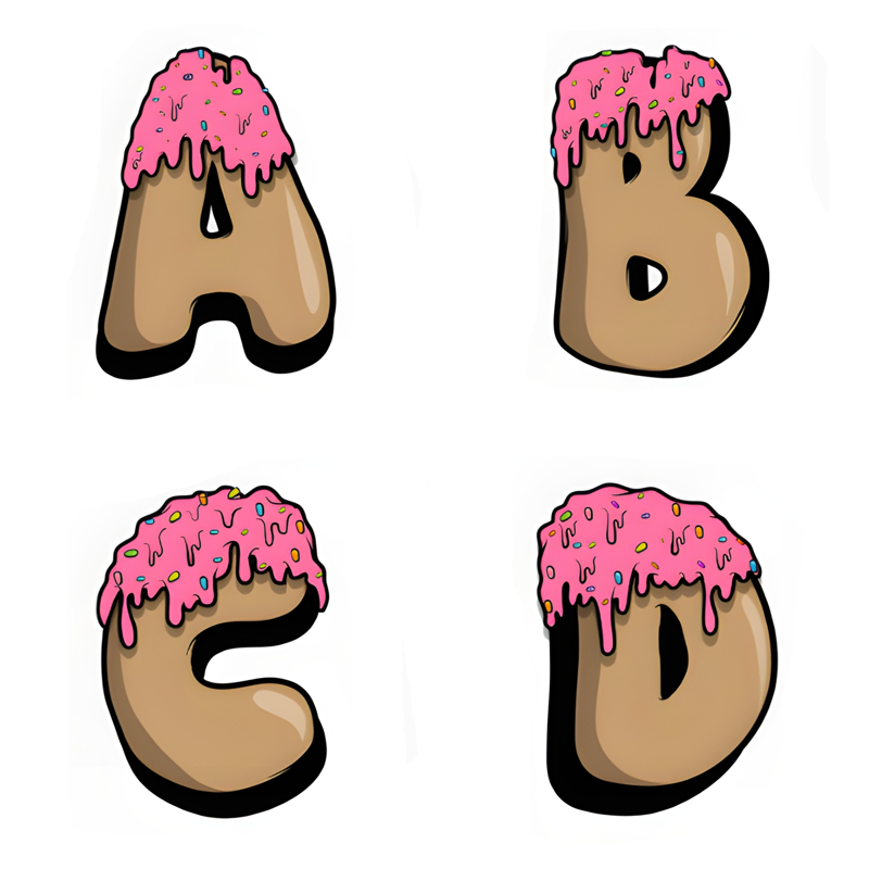 Three-dimensional letters shaped like golden-brown donuts with dripping pink strawberry frosting and rainbow sprinkles.