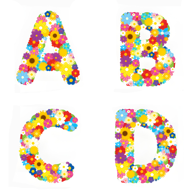 Custom text letters crafted entirely out of dense clusters of vibrant, colorful flowers and green leaves.