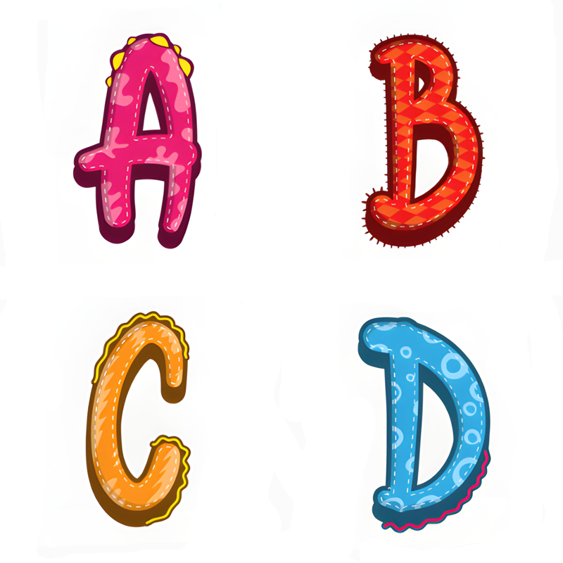 Artistic letters decorated with fabric textures, sewing stitches, dinosaur spikes, and colorful ribbon trims.