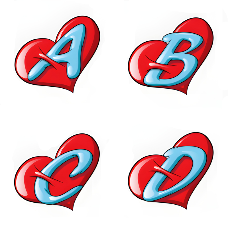 Fluid blue bubble letters intricately woven and interlocking with puffy, three-dimensional red hearts.