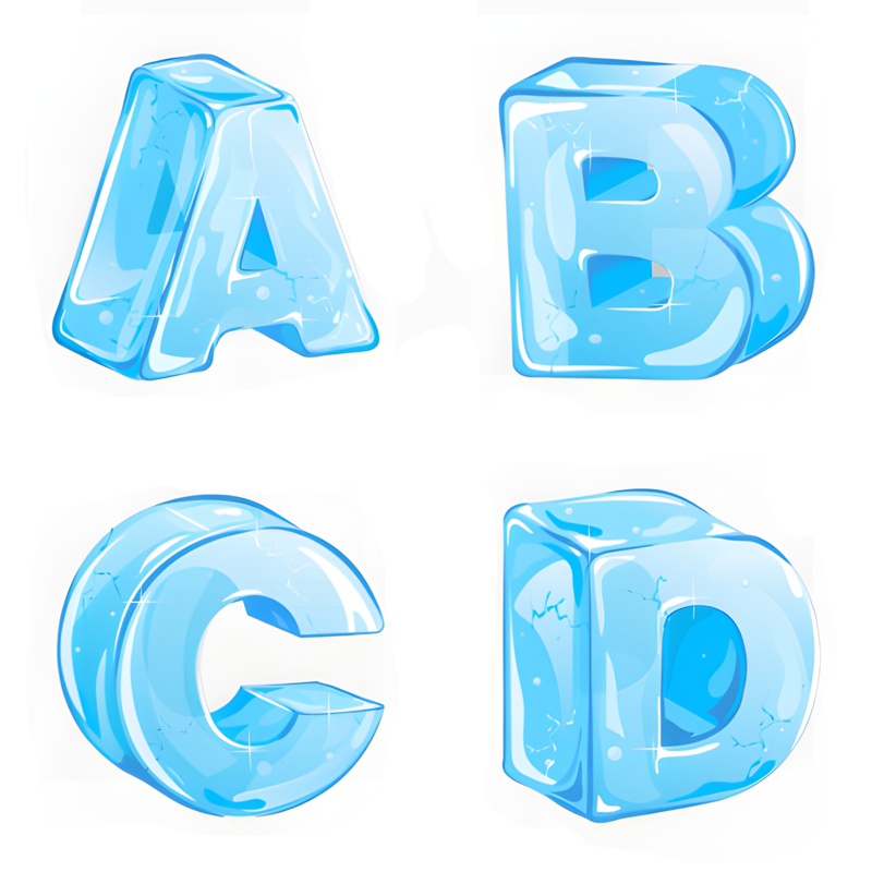 Heavy isometric 3D block letters rendered like solid chunks of arctic ice with frost cracks and shining sparkles.