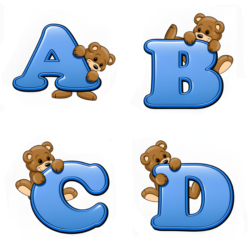 Glossy sky-blue bubble letters accompanied by cute little brown teddy bears peeking out and climbing on them.