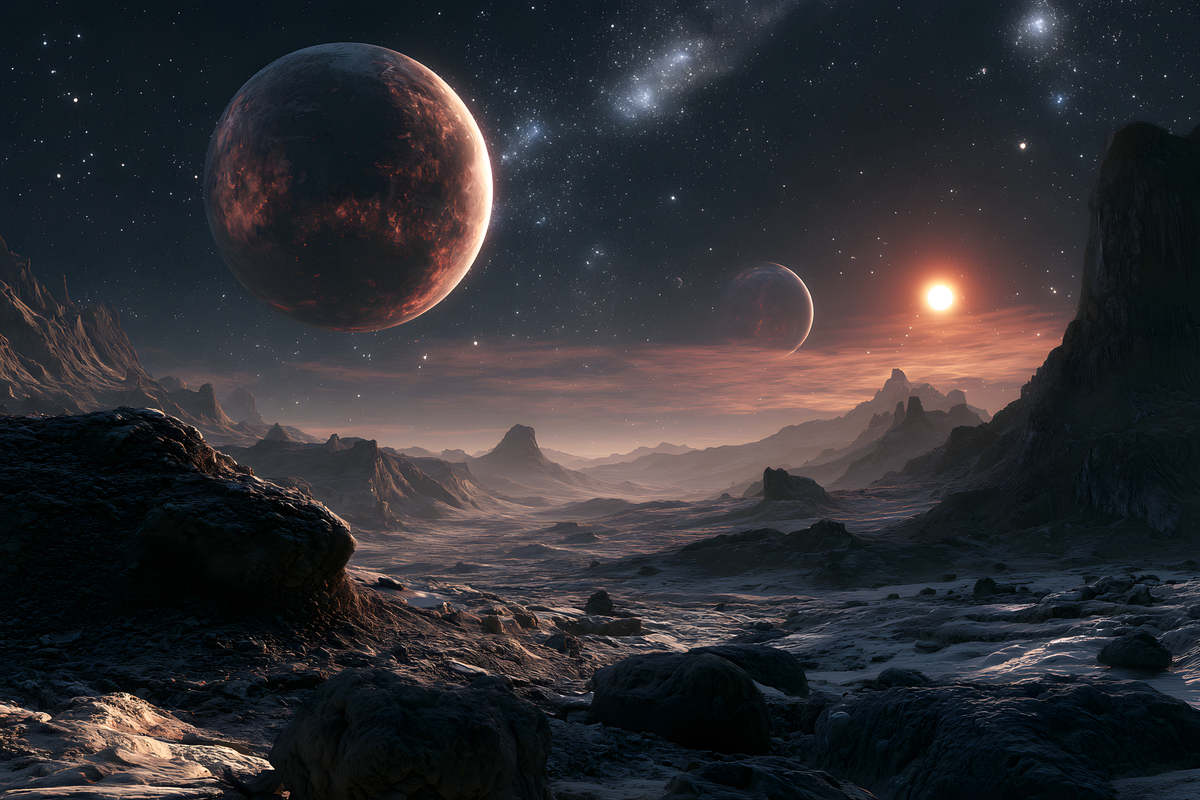 Rugged alien mountains beneath a massive red planet, crescent moon, glowing nebulae, and a distant orange sunset.
