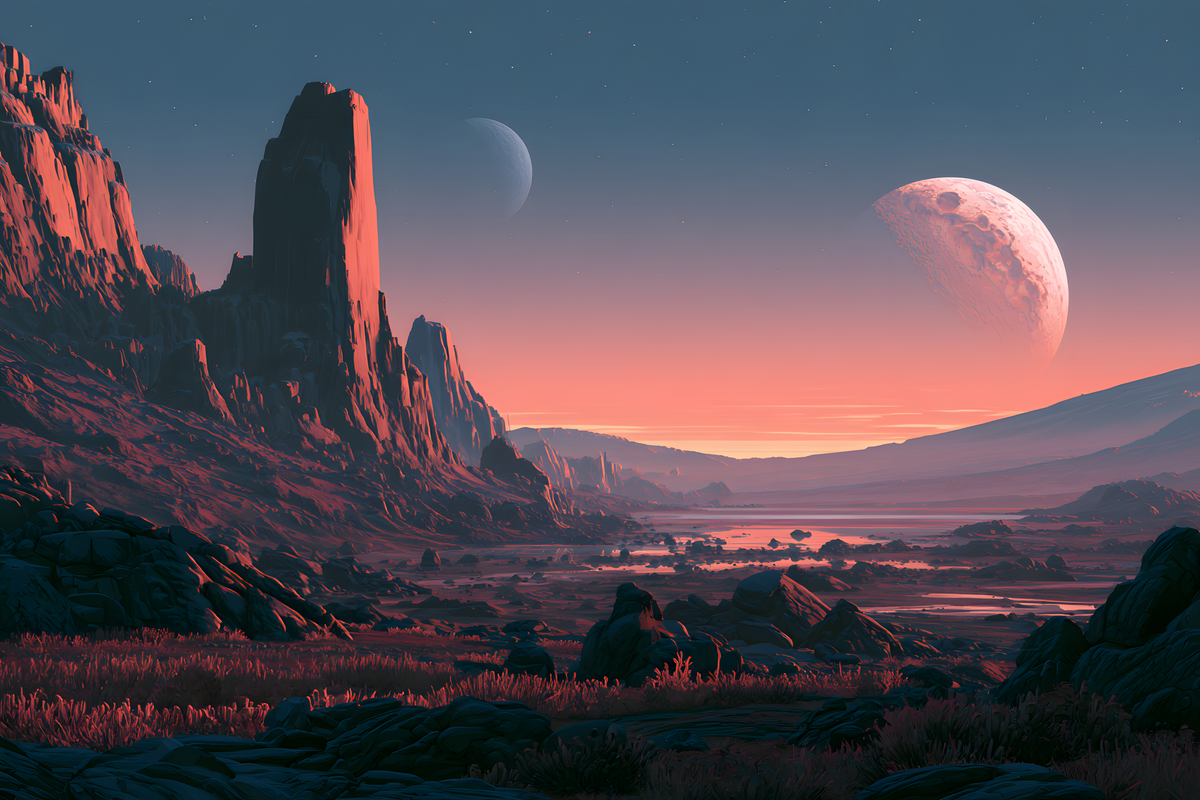 Winding river through a rocky alien valley with glowing red cliffs, a large cratered moon, and a crescent moon.
