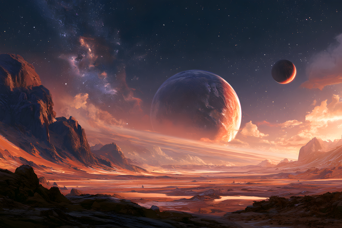 Rust-colored alien mountains and desert plain beneath a massive banded gas giant, smaller moon, and glowing nebula.