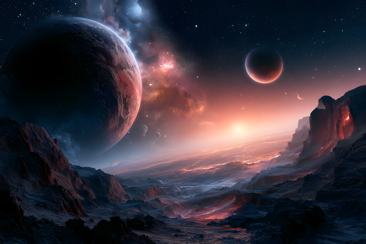 Dark volcanic alien rocks glowing with heat beneath a giant cratered planet and an orange-blue cosmic nebula.
