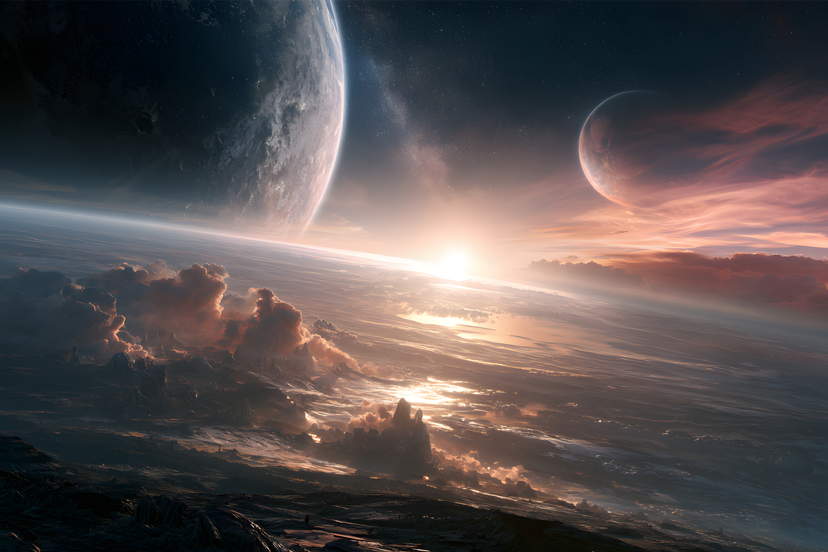 Brilliant cosmic sunrise over an alien landscape with rocky plains, oceans, a giant planet, and a crescent moon.