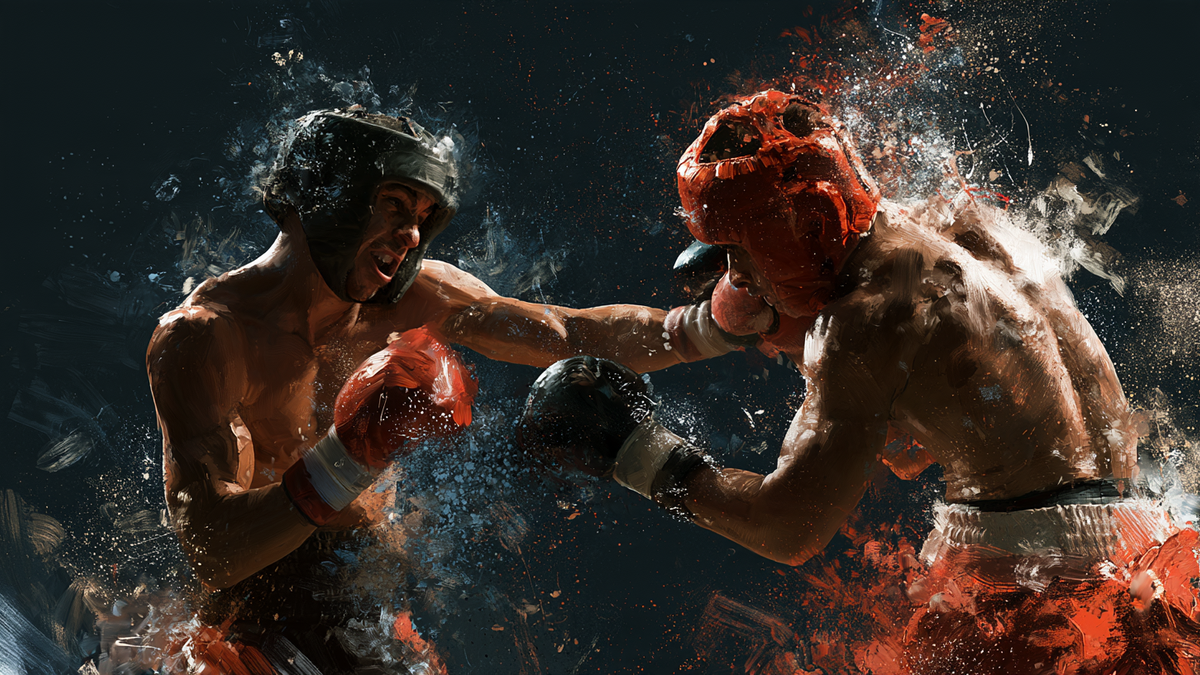 Dynamic digital painting of two boxers mid-fight with intense water and paint splatter effects against a dark background.