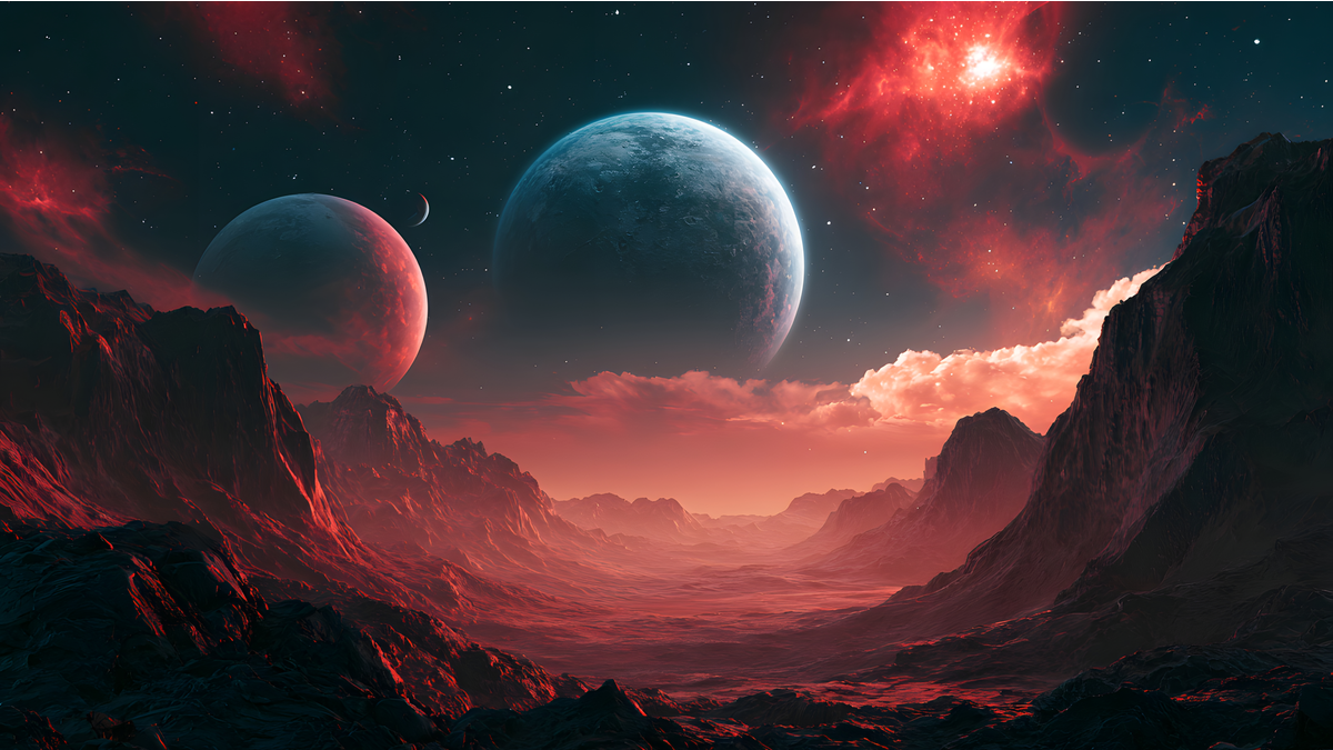 Fantasy alien landscape with two giant planets, red nebulae, and rugged mountains under a glowing cosmic sky.