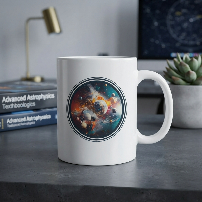 Abstract cosmic planets and nebula design printed on a mug