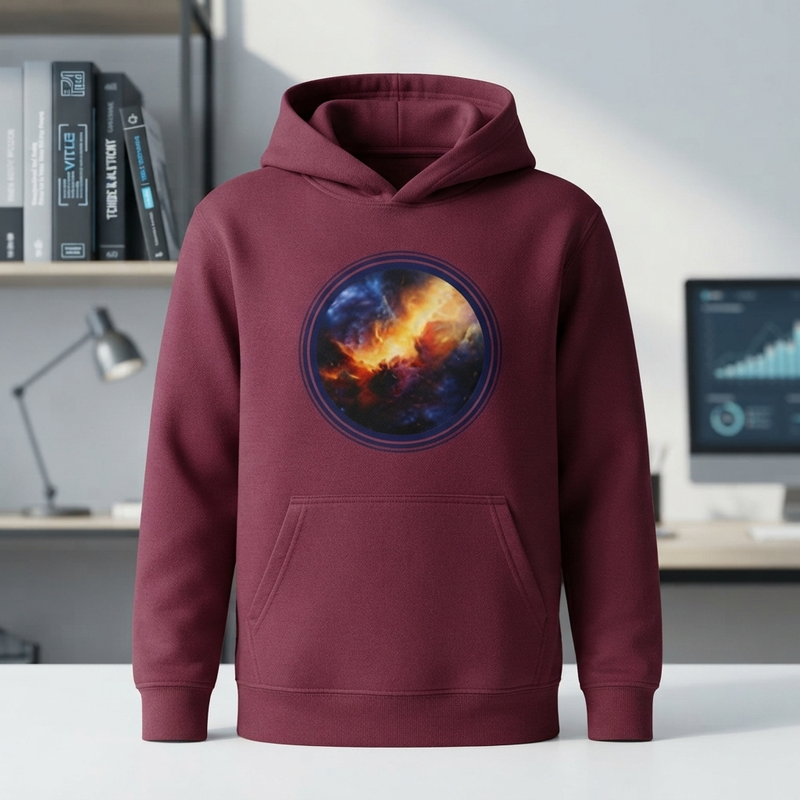 Colorful cosmic nebula design printed on a hoodie