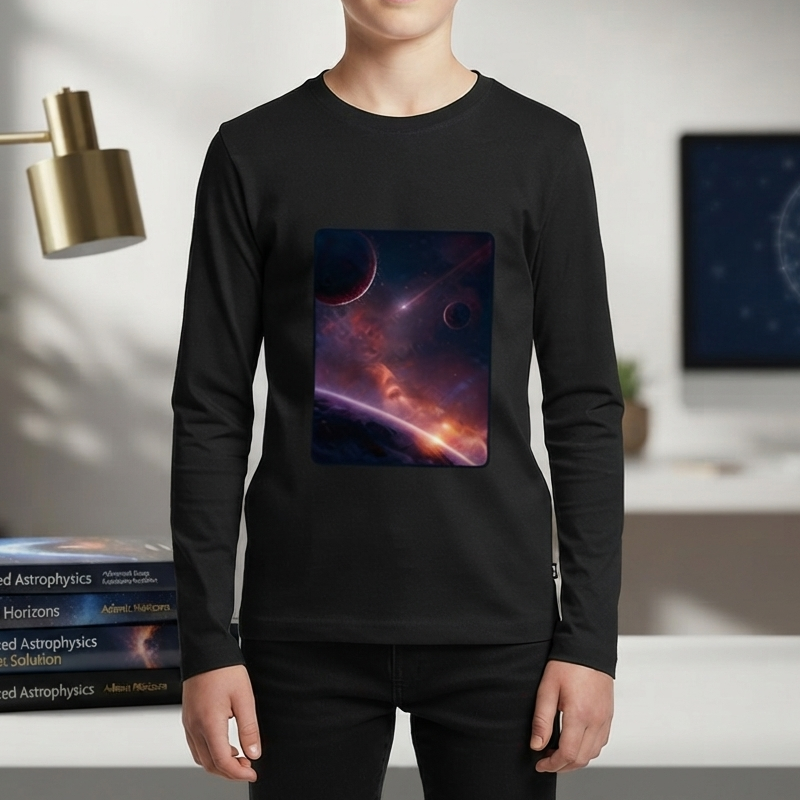 Planet and comet space design printed on a long sleeve T-shirt