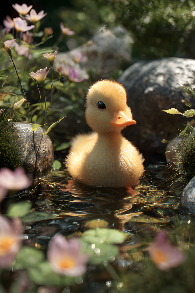 Fluffy yellow duckling swimming in a stream surrounded by mossy rocks and pink wildflowers.