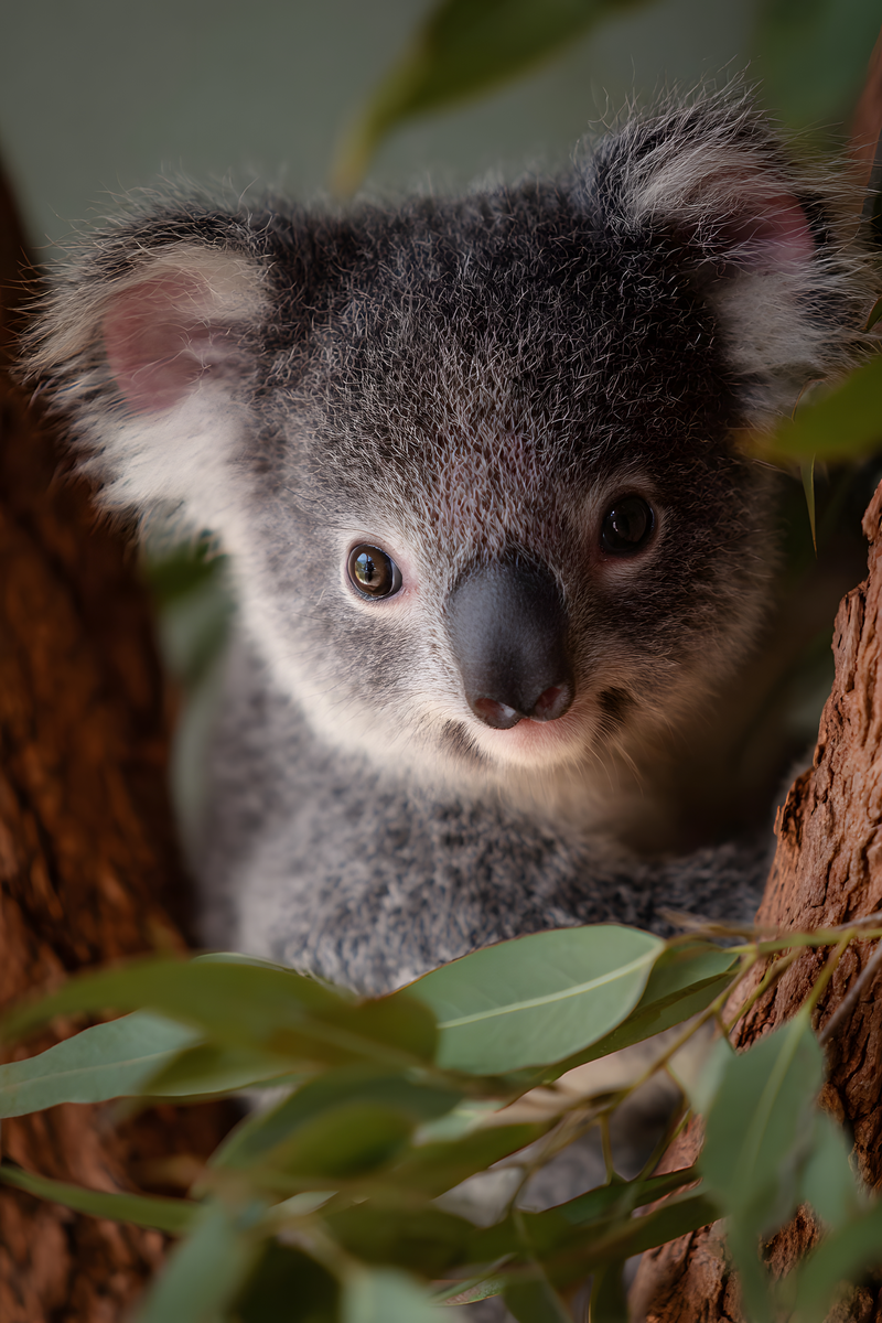 Baby koala with fluffy grey fur and a black nose nestled among tree branches and eucalyptus leaves.