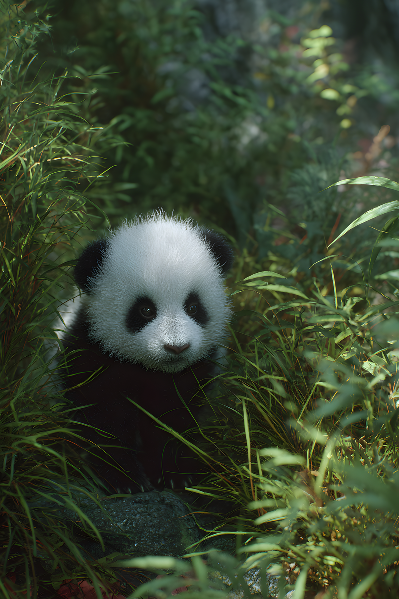 Fluffy giant panda cub sitting among green bamboo leaves in a lush forest.