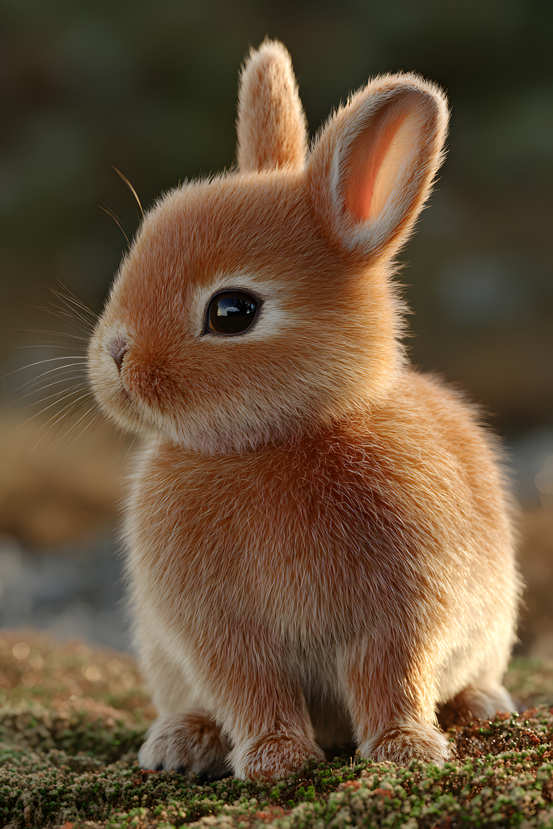 Fluffy golden-brown baby bunny sitting on mossy ground with upright ears and delicate whiskers.