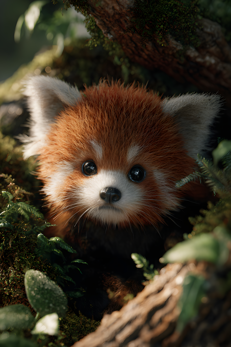 Red panda cub with reddish-brown fur and white facial markings peeking between mossy tree trunks and green ferns.