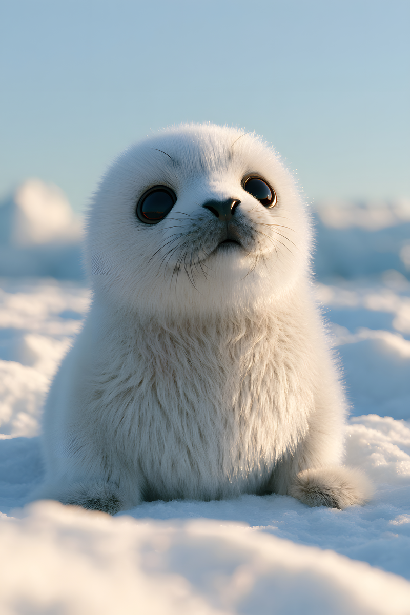 White baby seal pup with glossy dark eyes resting on snow beneath a pale blue sky.