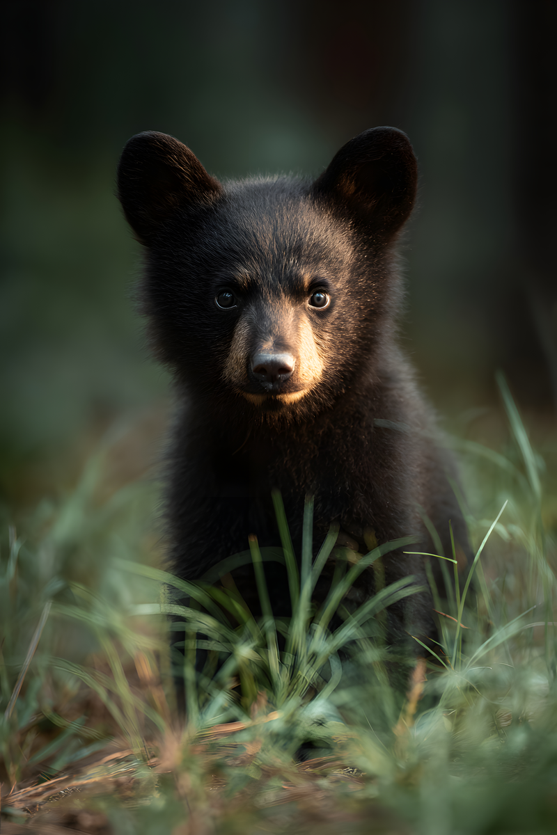 Black bear cub with dark fur and a tan muzzle standing among tall forest grasses.