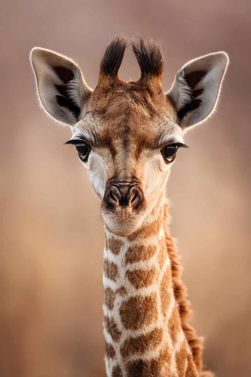 Baby giraffe with large expressive eyes, fuzzy ossicones, and a patterned brown-and-cream coat.