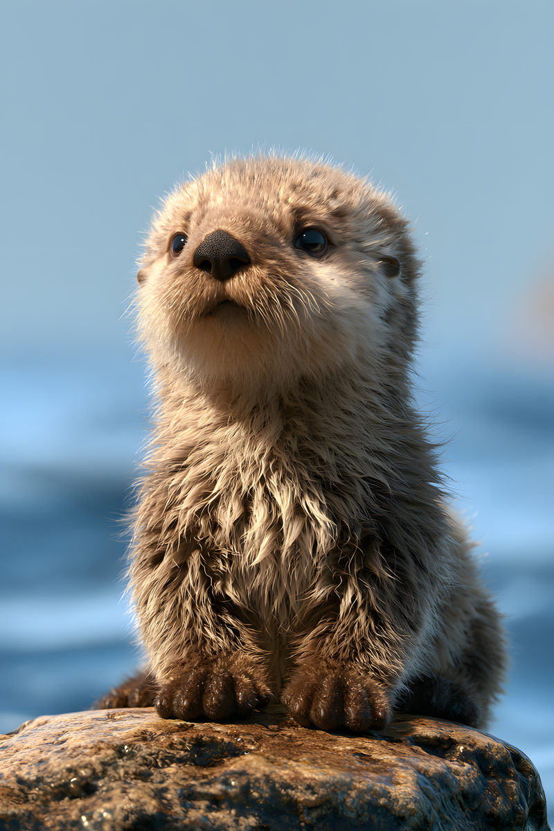 Young sea otter pup with damp sandy-brown fur sitting on a coastal rock beside the blue ocean.