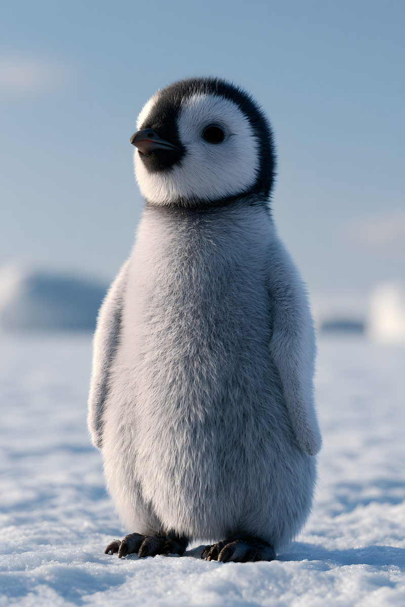Baby emperor penguin chick with grey down and a white face standing on a snowy Antarctic landscape.