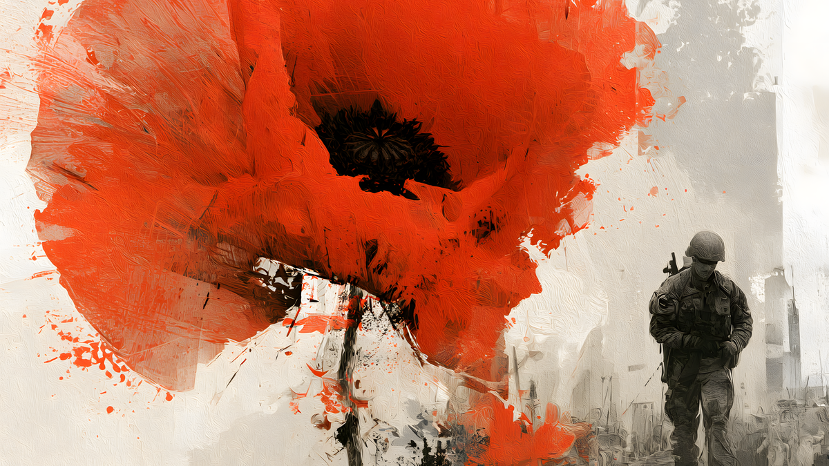 Remembrance Day artwork featuring a soldier and vibrant red poppies honoring fallen heroes.