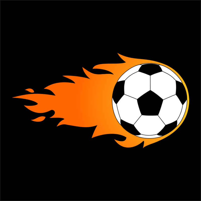 Black-and-white soccer ball trailing dynamic orange flames.
