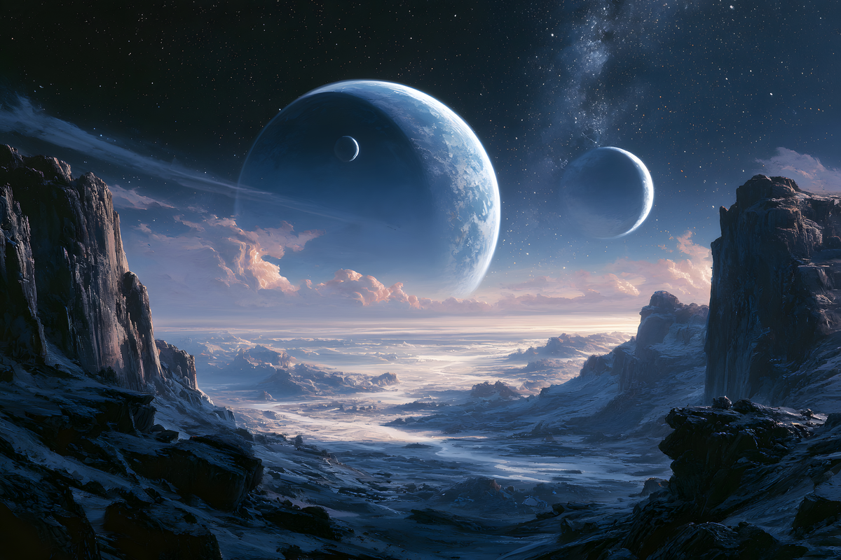 Frozen alien valley beneath a giant blue ringed planet, crescent moon, and glowing Milky Way.