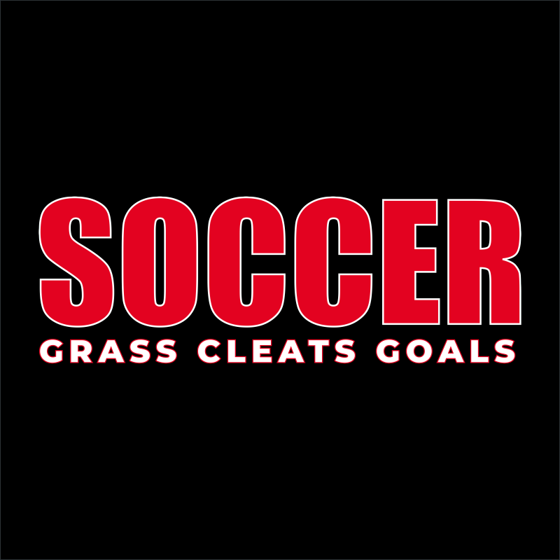 Red SOCCER lettering outlined in white above the phrase GRASS CLEATS GOALS.