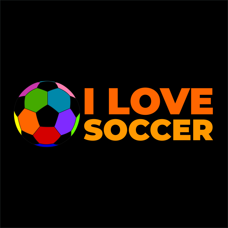 Colorful soccer ball beside bright orange I LOVE SOCCER lettering.