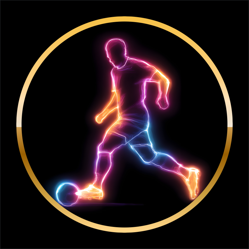 Neon soccer player dribbling a ball inside a circular gold frame with pink, orange, and blue light trails.