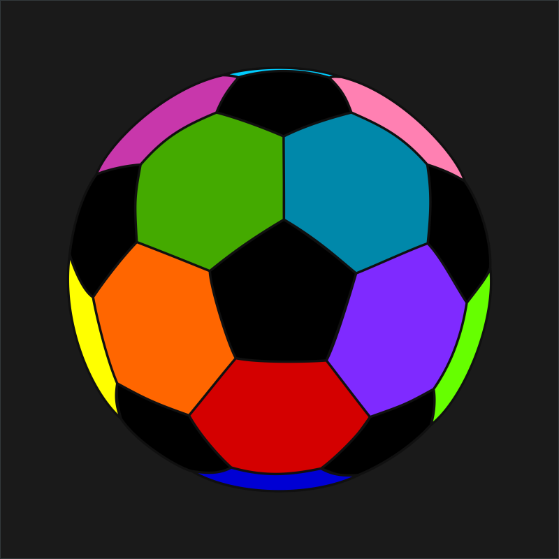 Multicolored soccer ball with black pentagons and vibrant green, teal, purple, red, orange, yellow, pink, and blue panels.