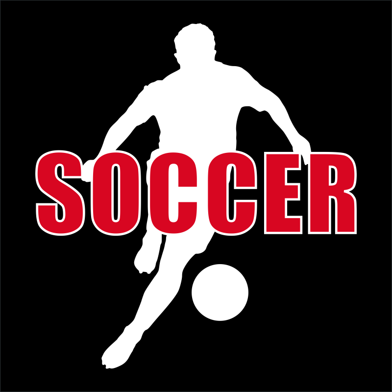 White soccer player silhouette and ball behind large red SOCCER lettering outlined in white.
