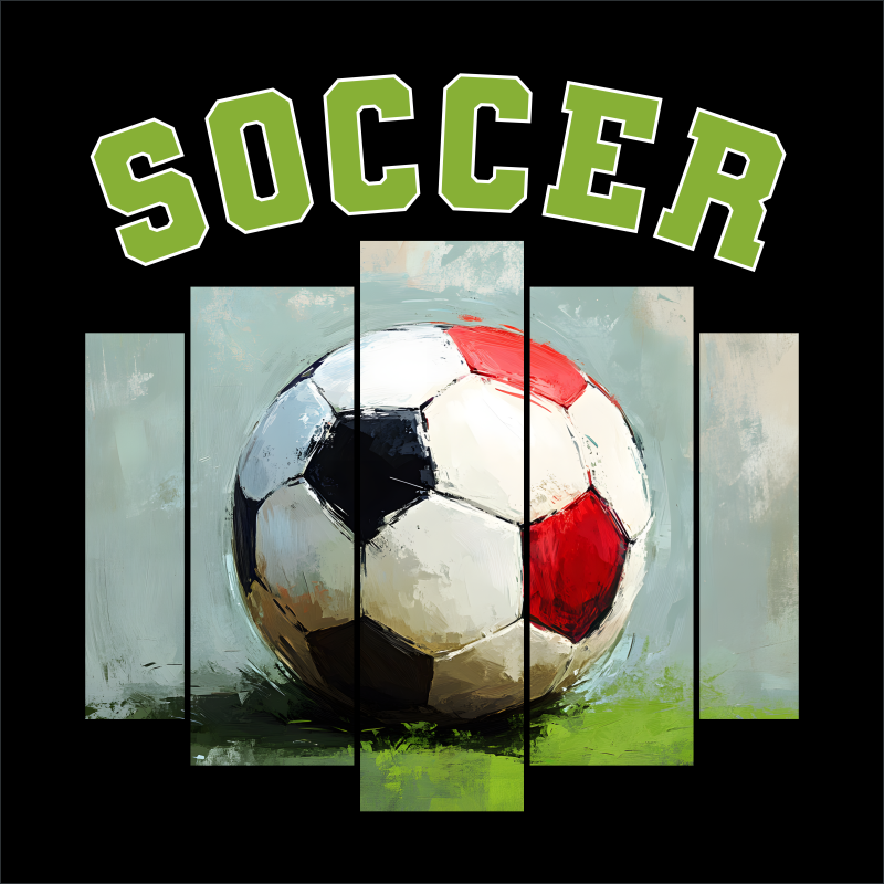 Painted soccer ball across five staggered vertical panels beneath green SOCCER lettering.