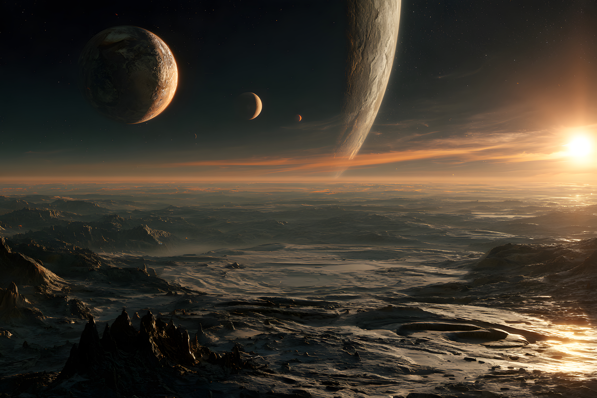 Rugged alien wasteland at sunrise beneath an Earth-like planet, two crescent moons, and a giant gas planet.