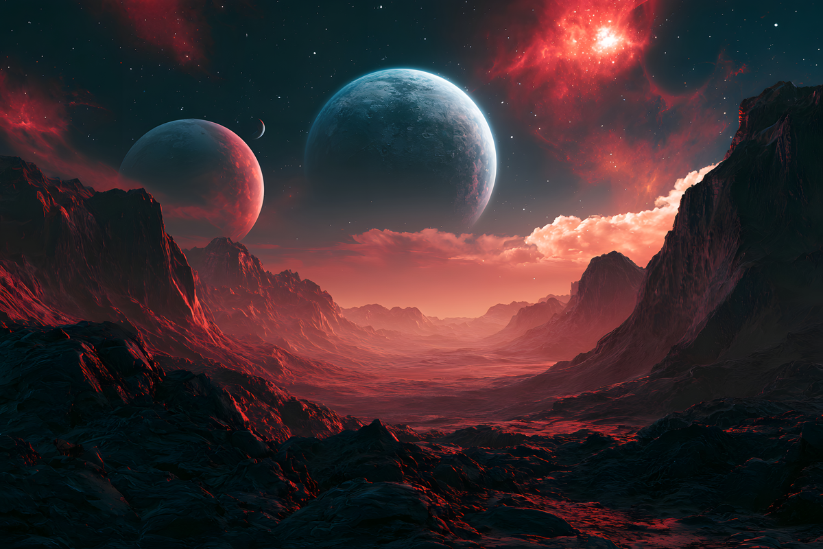 Crimson alien valley with dark red mountains beneath a blue planet, red celestial body, and glowing red nebula.