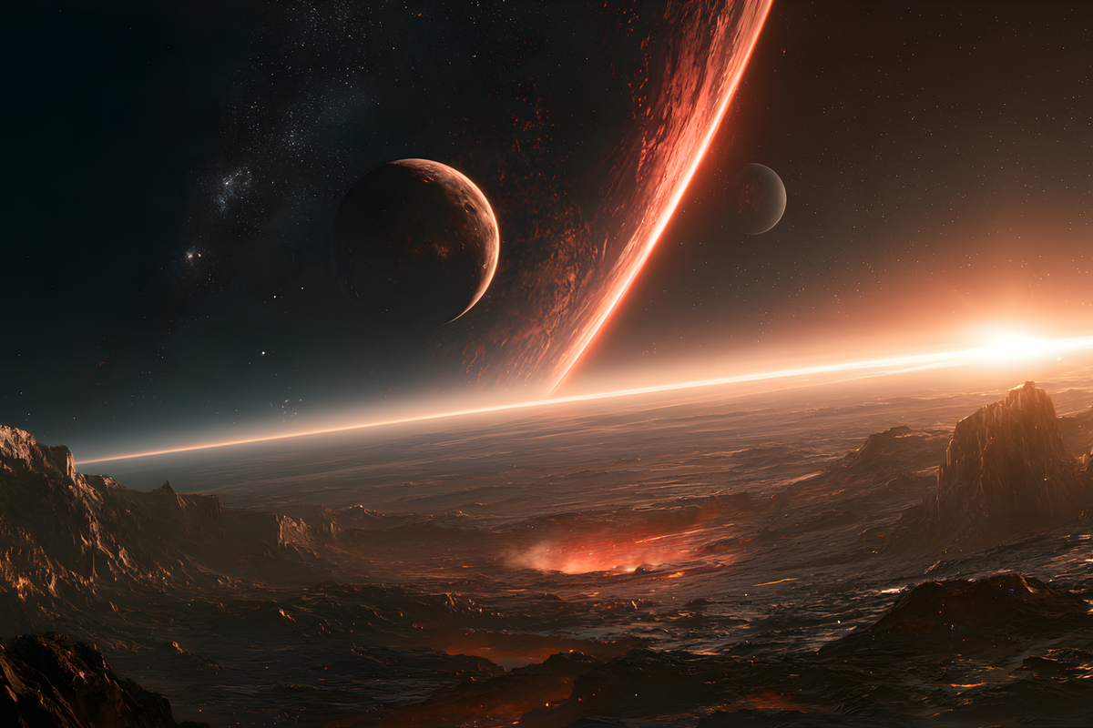 Cratered volcanic alien landscape with glowing magma beneath a colossal orange gas giant and two moons.