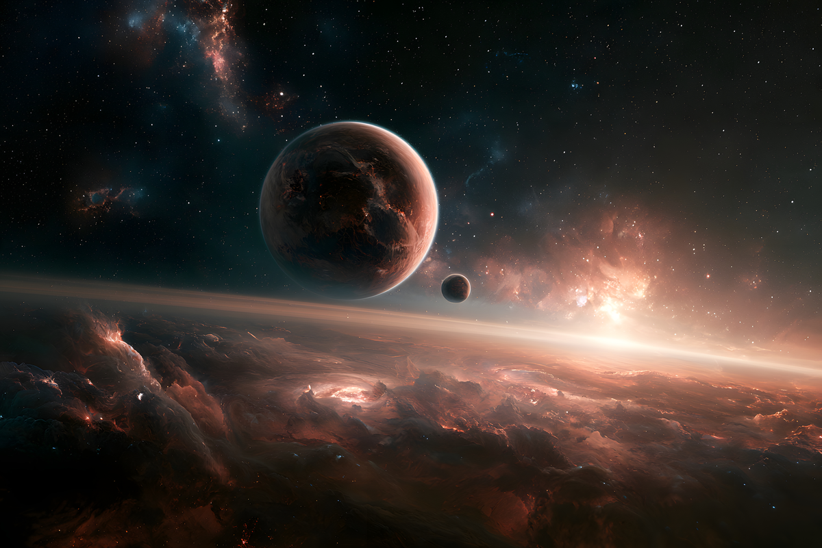 Dark volcanic planet and tiny moon above swirling gas giant clouds illuminated by a glowing nebula.