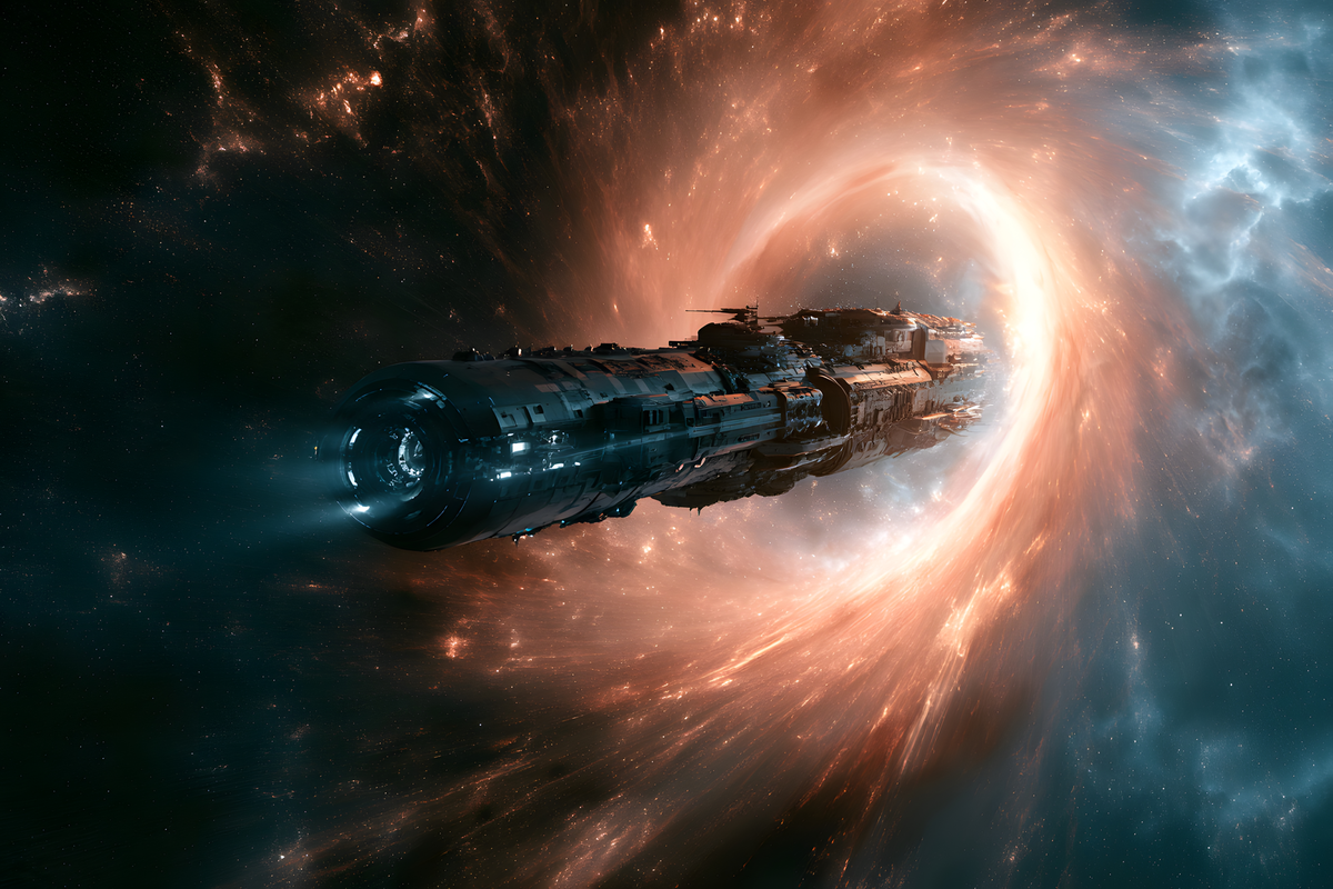 Detailed futuristic starship flying through a glowing orange wormhole surrounded by blue nebula clouds and stars.