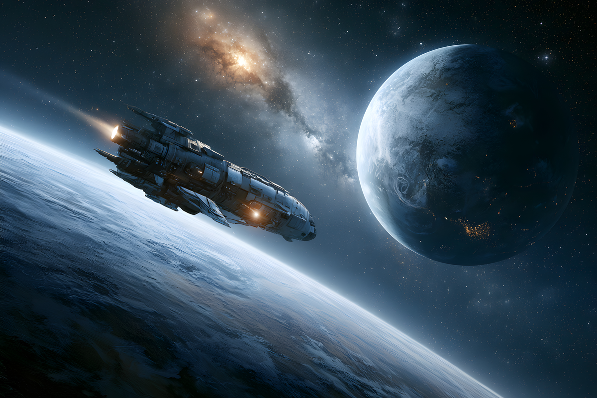 Futuristic spaceship cruising above an ocean planet toward a colossal world with glowing city lights and golden galaxies.