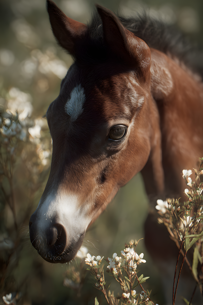 Chestnut horse foal with a white star on its forehead lowering its head toward white wildflowers.