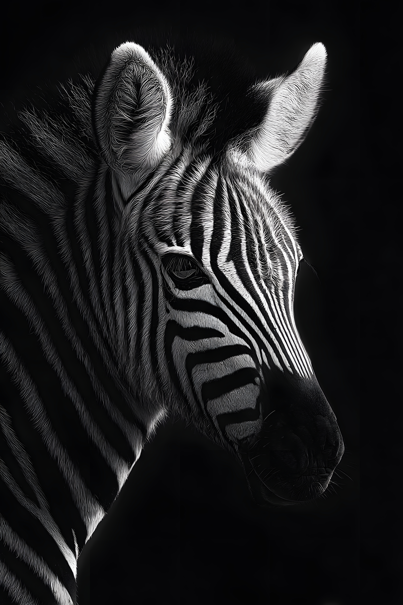 Young zebra with crisp black-and-white facial stripes and perked ears against a black background.