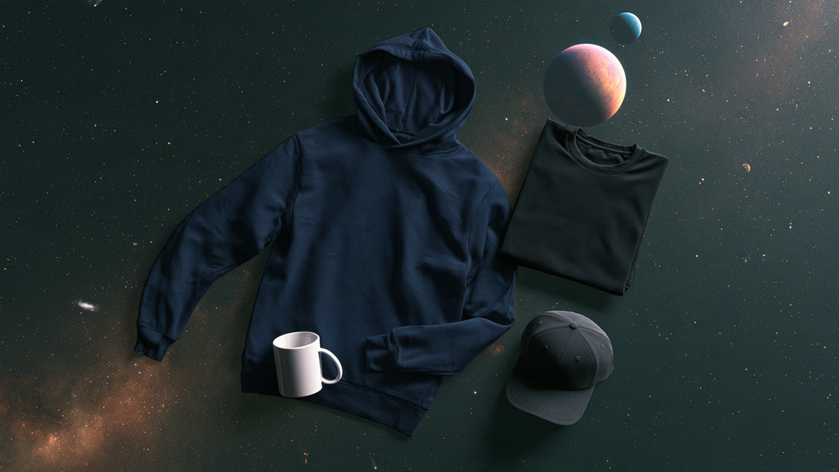 Blank product mockup flat lay of a navy hoodie, black t-shirt, white mug, and grey cap floating against a realistic outer space background with planets.