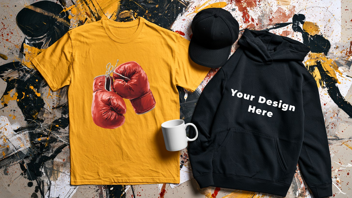 A flat lay display of premium custom print-on-demand apparel including a t-shirt and modern lifestyle accessories.