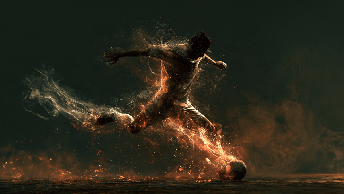 Dynamic silhouette of a soccer player striking a soccer ball, enveloped in dramatic fire, smoke, and spark effects against a dark background.